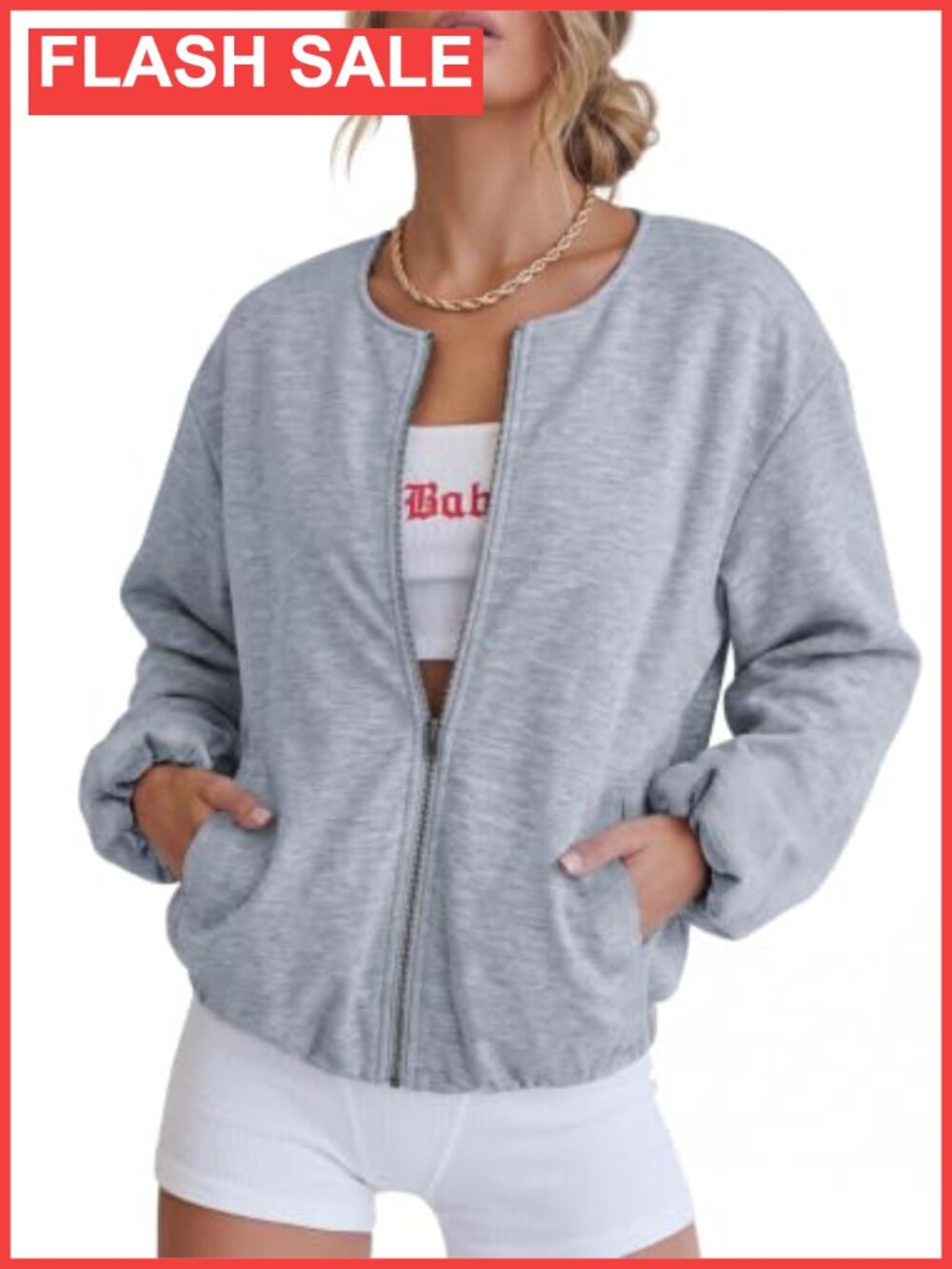 Women Oversized Cropped Bomber Jacket Zip Up Fleece Sweatshirt Outerwear